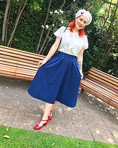 Women 1950's Vintage Pleated Skirt Retro Button A-line Skirts,Navy Blue L - Image 3