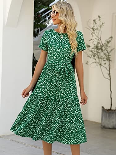 Lyrur Wedding Guest Dresses for Women Short Sleeve Belted Tiered Ruffle Summer Casual Sundress with Pockets(L,9191-GN Floral) - Image 4