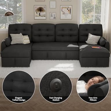 Ucloveria Sectional Sofa Couch, 112" Sleeper Sofa Bed with Dual Reversible Storage Chaise Pull Out Couch for Living Room | Side Pockets | Charging Station | Removable Backrest | Linen Fabric, Black - Image 6