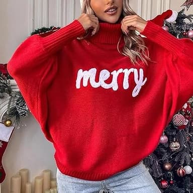 Women Merry Christmas Sweater 2025 Funny Holiday Knitted Sweaters Oversized Turtleneck Batwing Sleeve Xmas Pullover Tops Red - Image 3