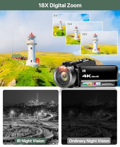 4K Video Camera Camcorder 64MP Vlogging Camera for YouTube 3.0" Touch Screen 18X Digital Zoom IR Night Vision with External Stereo Microphone,Remote,Lens Hood,Handheld Stabilizer,32G Card &2 Batteries - Image 3