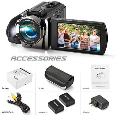 kimire Video Camera Camcorder Digital Camera Recorder Full HD 1080P 15FPS 24MP 3.0 Inch 270 Degree Rotation LCD 16X Digital Zoom Camcorder Camera with 2 Batteries(Black) - Image 8