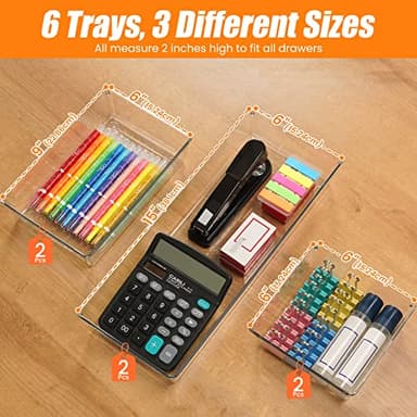 Criusia 6 Pcs Large Size Clear Drawer Organizer Set, Acrylic Non Slip Non Cracking Kitchen Drawer Storage Tray Divider, Multifunctional Storage for Cosmetics, Bathroom, Tools, Kitchen and Office - Image 2