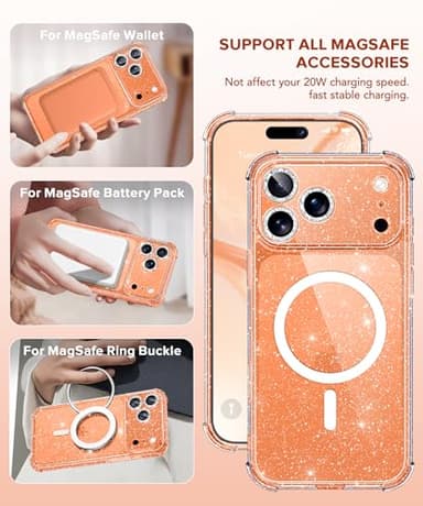 BERFY for iPhone 17 Pro Max Case for Women, Compatible with MagSafe, Clear Glitter Shockproof Protective Case, Anti-Yellowing, with Screen Protector & 3 Diamond Camera Lens Covers 6.9", Sparkle Clear - Image 6