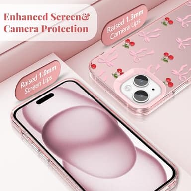 ZTOFERA for iPhone 14 Plus/15 Plus Case,Cute Pink Ribbon Bow Tie Planet Star Floral Aesthetic Phone Case,Trendy Slim Hard IMD Shockproof Protective Bumper Phone Cover for Women Girls,Cherry - Image 2