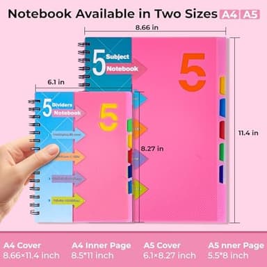 CAGIE 5 Subject Notebook College Ruled, Small Spiral Notebook 5x7 with Divider Tabs, A5 Spiral Notebooks for Women, 240 Pages Spiral Note book for School Note Taking, Pink - Image 6