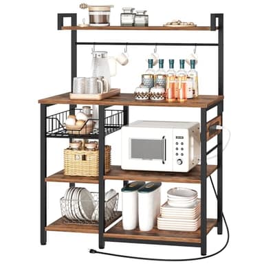HOOBRO Bakers Rack with Power Outlet, 35.4 Inches Coffee Bar with Mesh Basket, Microwave Stand with 4 S-Shaped Hooks, Kitchen Bakers Rack with Storage, Easy to Assemble, Rustic Brown BF05HB01 - Image 9
