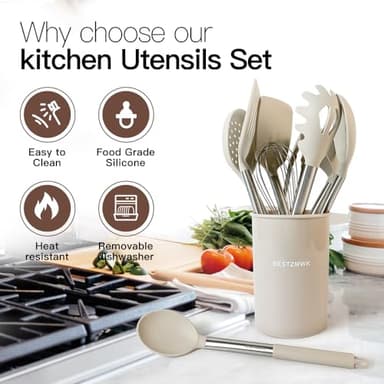 Kitchen Utensils Set-Silicone Cooking Utensils-33pcs Non-Stick Silicone Cooking Kitchen Utensils Spatula Set with Holder-Best Kitchen Cookware with Stainless Steel Handle (Khaki) - Image 3