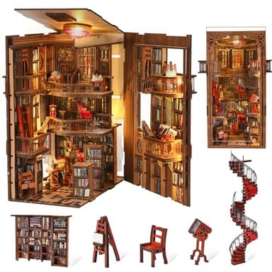 MiniCity Book Nook Kit, DIY Miniature Dollhouse Booknook Kit, 3D Wooden Puzzle Bookend Bookshelf Insert Decor with LED Light for Teens and Adults (Abbey Library) - Image 1
