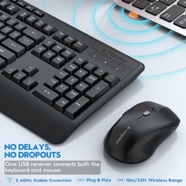 Wireless Keyboard and Mouse Combo, E-YOOSO 2.4GHz Full Sized Ergonomic Wireless Keyboard with Wrist Rest, 3 DPI Adjustable and 6 Buttons Cordless USB Mouse for Computer, Laptop, PC, Windows (Black) - Image 4