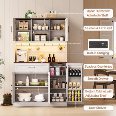 ONBRILL 71" Pantry Cabinet, Kitchen Pantry Storage Cabinet with LED Light & Outlet, Kitchen Hutch with Microwave Shelf & 6 Hook, Door Shelf & Drawer & Adjustable Shelf, Dining Room, Off White+Walnut - Image 3