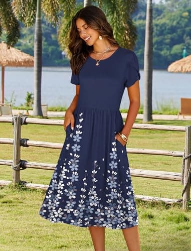 HOTOUCH Sundresses for Women 2025 Loose Midi Dress Short Sleeve Floral Dress Crewneck Flowy Aline Swing Dress with Sleeves Hawaiian Print Dresses - Image 2