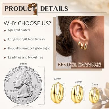 3Pairs 14K Gold Plated Hoop Earrings Set for Women Chunky Earring Silver Plated Hypoallergenic Small Huggie Hoops Lightweight Tiny Thick Trendy Hoop Earrings Stacks for Multiple Piercing(14k gold plated) - Image 4