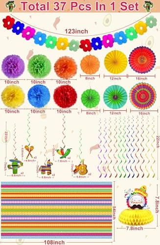 [ 7 Varieties ] 39 Pcs Cinco De Mayo Decorations, Fiesta Mexican Theme Party Supplies Paper Fans Pom Poms Banner Hanging Swirls Table Cover Honeycomb Table Centerpiece Taco Luau Decor - Image 3