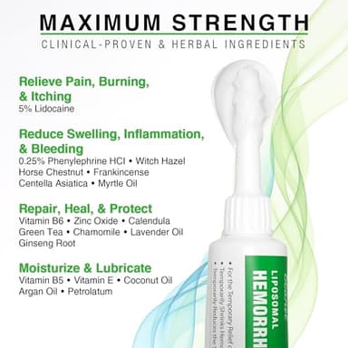 Ebanel 5% Lidocaine Hemorrhoid Treatment Cream with Witch Hazel, Phenylephrine, Horse Chestnut, Vitamin B6, Zinc Oxide, External and Internal Hemorrhoids Treatment Burn Itch Pain Relief Anal Cream - Image 5