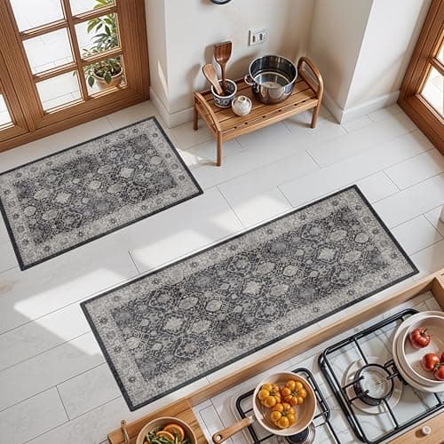 Kitchen Sink Rugs Set 0f 2: Washable Non-Slip Hardwood Floor Mat for Stove Dishwasher Fronts Soft Stain Resistant Carpet for Cooking Area & Fridge Boho Home Decor for High Traffic Area(2x3+2x4,Black) - Image 1