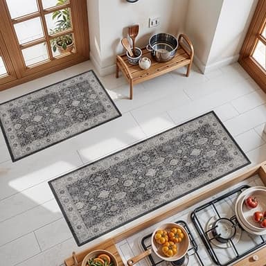 Kitchen Sink Rugs Set 0f 2: Washable Non-Slip Hardwood Floor Mat for Stove Dishwasher Fronts Soft Stain Resistant Carpet for Cooking Area & Fridge Boho Home Decor for High Traffic Area(2x3+2x4,Black) - Image 1