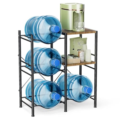 Housolution 2-Tier 5 Gallon Water Jug Holder with 2 Layers Wood Storage Shelves and 4 Slots, 5 Gallon Water Bottle Holder, Water Jug Stand, Water Jug Rack for Kitchen Office Living Room, Brown - Image 1