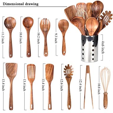 Kitchen Utenails Set with Holder,Kitchen Wooden Utensils for Cooking, Wood Utensil Natural Teak Wood Spoons for Cooking,Wooden Kitchen Utensil Set With Spatula and Ladle (11) - Image 2