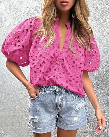 PRETTYGARDEN Women's Summer Tops 2025 Dressy Casual Short Sleeve V Neck Buttons Hollow Out Lace Embroidered Blouses Shirts (Rose Pink,Small) - Image 7