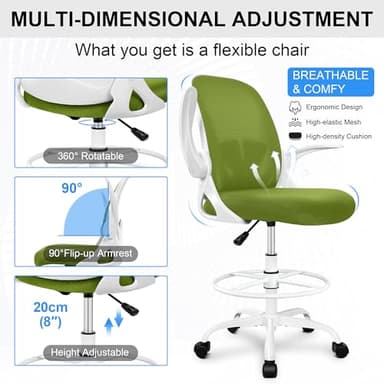 Primy Drafting Chair Tall Office Chair with Flip-up Armrests Executive Ergonomic Computer Standing Desk Chair with Lumbar Support and Adjustable Footrest Ring (AvocadoGreen) - Image 5