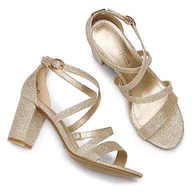 DREAM PAIRS Women’s Ankle Strap Dress Pump Low Chunky Heel Sandals,Size 9,Gold/Glitter,MADISON - Image 5
