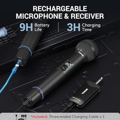 TONOR Rechargeable Wireless Microphones, Metal Bluetooth Handheld Cordless Mic System with Receiver, 2x25 UHF Professional Dynamic Mic for Karaoke, Church, Singing, Wedding, Meeting, DJ, 328ft TW720 - Image 4