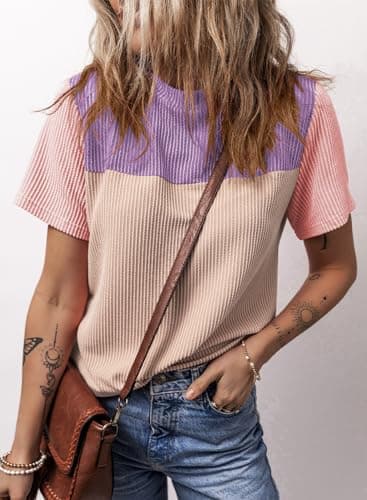 Dokotoo Womens Tops Colorblock Crewneck Short Shirt Spring Sweatshirts Business Casual Loose Ladies Clothes Shirts Summer Outfits for Women Trendy Purple Large - Image 5