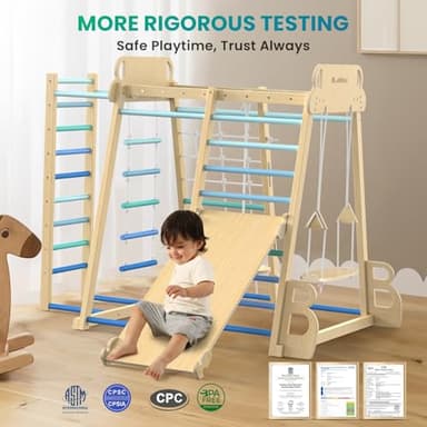Upgraded Indoor Playground 9-in-1 Jungle Gym Kids Climbing Toys, Montessori Philosophy Waldorf Style Wooden Climber Playset with Slide, Swing, Monkey Bars, Upright/Rope Ladder, Climb Net, Blue - Image 7