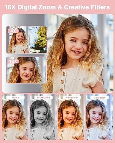Digital Camera, FHD 1080P Point and Shoot Kids Camera, with 32GB Card, 2 Batteries, 16X Zoom Anti Shake Date Stamp, Compact Portable Small, for Starter Kid Children Teen Student Girl Boy(Pink) - Image 8