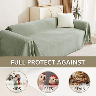 MYSKY HOME Sectional Couch Cover Blanket Living Room Furniture Protector for Pets, Farmhouse Home Decor Sofa Covers Tassel Chenielle Sofa Slipcover Soft Throw Couch for Dogs, 71" X 150", Sage Green - Image 4