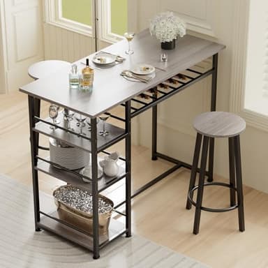 COMHOMA Dining Table Set for 2, Counter Height Kitchen Table and Chairs with Storage Shelves & Wine Rack, Bar Table Set with 2 Bar Stools, 3 Piece Dining Room Table Set for Small Space, Retro Grey - Image 2