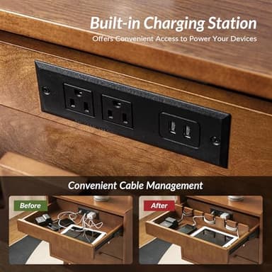 HULALA HOME Nightstand with Charging Station, Mid-Century Modern 2 Drawer and Open Shelf Bedside Tables, Wood Night Stand with USB Ports and Outlets for Bedroom, Acorn - Image 3