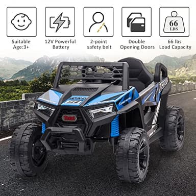 TOBBI 12V Kids Ride on Car, Electric Off-Road UTV Truck with Forward and Reverse Functions, Double Open Doors, Safety Belt, Horn, Music, and Lights for Kids Aged 3-5 Years (Blue) - Image 5