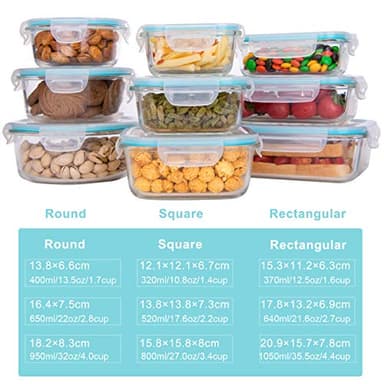 AILTEC Glass Food Storage Containers with Lids, [18 Piece] Glass Meal Prep Containers, Containers for Food Storage with Lids, BPA Free & Leak Proof (9 Lid & 9 Container) - Image 2