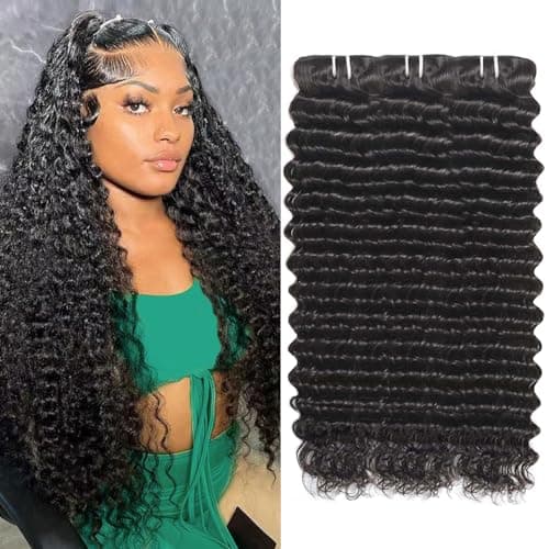 12A Deep Wave Human Hair Bundles 16 18 20 Inch Curly Bundles Human Hair 100% Unprocessed 3 Bundle Brazilian Virgin Human Hair Extensions Quick Weave Natural Black Color - Image 1