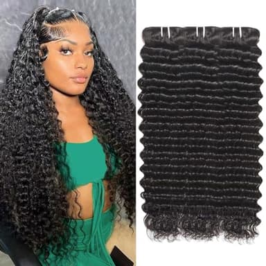 12A Deep Wave Human Hair Bundles 16 18 20 Inch Curly Bundles Human Hair 100% Unprocessed 3 Bundle Brazilian Virgin Human Hair Extensions Quick Weave Natural Black Color - Image 1