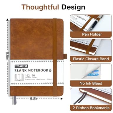 LEAGIM Blank Journal Notebook, A5, 192 Pages 100 GSM Thick Sketch Book for Women Men, Hardcover Leather Unlined Journaling for Work, Notebooks for Writing, 5.8 inches x 8.5 inches (Brown) - Image 3