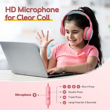 EarFun Kids Headphones Wired with Microphone, 85/94dB Volume Limit Headphones for Kids, Portable Wired Headphone with Shareport, Stereo Sound Foldable Headset for School/Tablet/iPad/Kindle Pink - Image 2