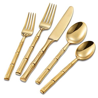 Flatasy Silverware Set Gold Flatware Set Stainless Steel Bamboo Handle Cutlery Set Mirror Polished 60 Pieces for Home Kitchen Restaurant Hotel Wedding Housewarming Gift Service for 12 - Image 1