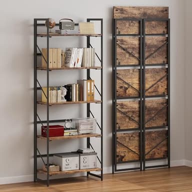 JSB No Assembly Folding Bookshelf, 5 Tier Industrial Metal Book Shelf for Storage, Vintage Wood Foldable Bookcase for Living Room, Bedroom, Office Organization Shelves - Image 6