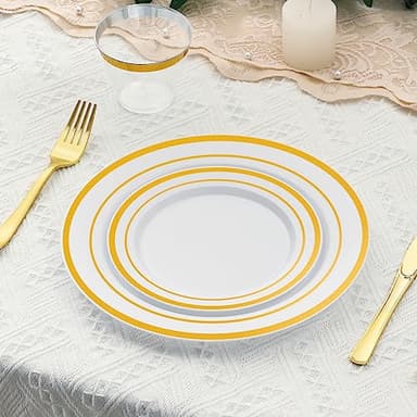 AOZITA 100 Pcs Gold Plastic Plates for Party, Disposable Heavy Duty Plastic Plates - 50 Dinner Plates and 50 Salad Plates for Party Wedding - Image 6