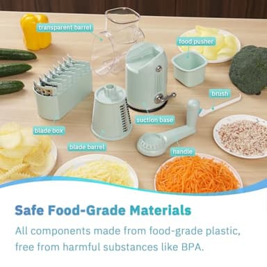 ENERGEVITY Manual Rotary Cheese Grater with Handle, 5 in 1 Replaceable Stainless Blades Cheese Shredder,Strong Suction Base Vegetable Slicer with Cleaning Brush & Bonus Storage Box for Blades (green) - Image 6