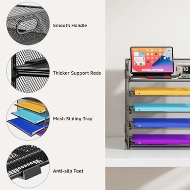 Cawukege 5 Tier Paper Organizer with Handle, Metal Mesh Desk Organizer File Folder Paper Letter Tray Desktop Document Sorter for Classroom, School, Office Accessories Organization and Storage - Black - Image 3