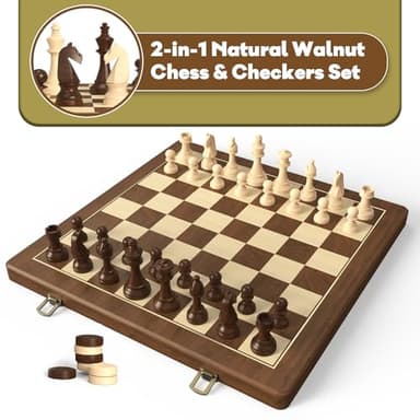 Premium Natural Walnut 15" Magnetic Wooden Folding Chess & Checkers Set- 2 in 1 Board Game with 3" King Staunton Pieces and 2 Extra Queens, Checkers, and Dust-Proof Storage Bag (Black) - Image 2