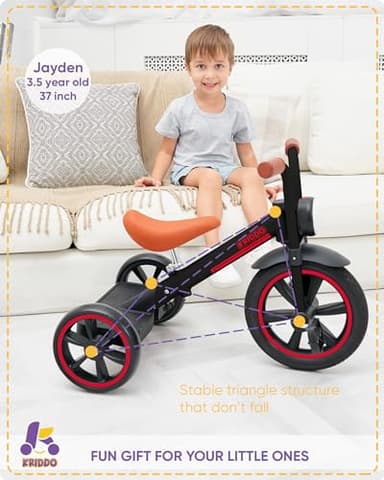 KRIDDO Kids Tricycle, 12 Inch Puncture Free Wheel w Front Light, Adjustable Seat Height, Gift for 2-5 Year Olds, Trike for Toddlers, Black - Image 3