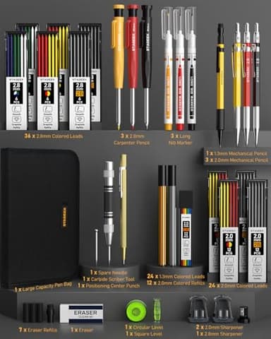 STAGEEK 34 Pack Carpenter Pencil Set with Sharpener, Mechanical Carpenter Pencils with Deep Hole Long-Nib Marker Pens, Carbide Scribe Tool & Construction Pencils for Architect Woodworking with Case - Image 8