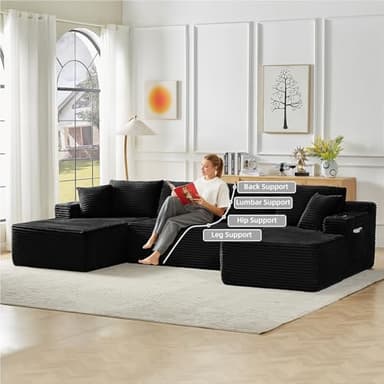 134 Inch Cloud Sectional Couch for Living Room,Corduroy Boneless Couches with L-Shape Chaise,Modern Modular Sectional Sofa with Deep Seat,No Assembly Required (Black, U-Shaped Sofa) - Image 5