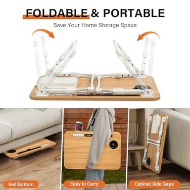 DECOSIS Laptop Bed Desk Height Adjustable, Bed Laptop Table with USB/Storage Drawer/Cup Holder/Tablet Stand/Book Shelf, Foldable Breakfast Tray Portable for Reading Writing, Bed, Sofa & Floor, Wood - Image 7