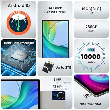 14 Inch Tablet, Android 15 Tablet, 16GB RAM+256GB ROM, 1920x1200 FHD IPS Display, Widevine L1, 10000mAh Battery, Bluetooth 5.0, Multi-Angle Stand Case & Stylus Pen, 6ft USB Cable — Gray - Image 5